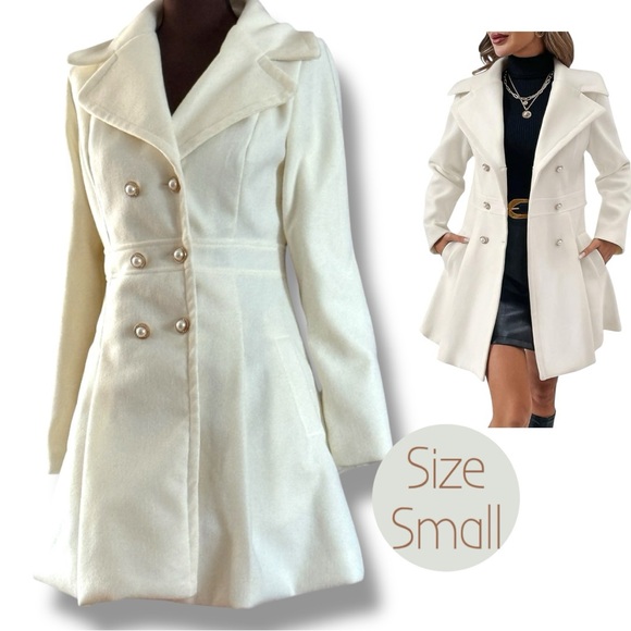 Women Coat, Elegant Cream Double-Breasted Fall Jacket, Christmas Coat, Winter - Picture 8 of 13